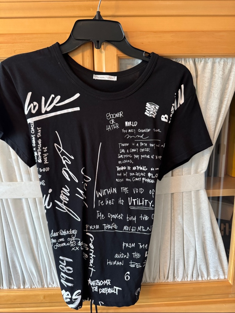 Zara Black Crewneck Tee with Subtle design and ties in back to adjust waist